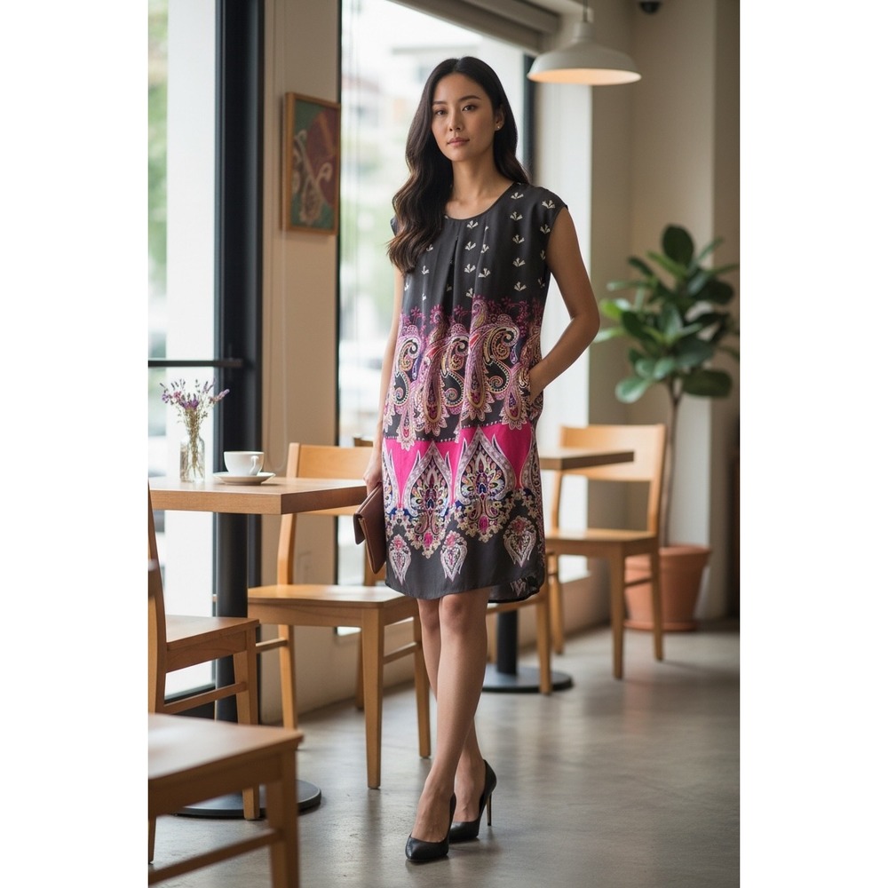VERO MODA Women's Sleeveless Paisley Print Sheath Dress Gray Pink Size XS